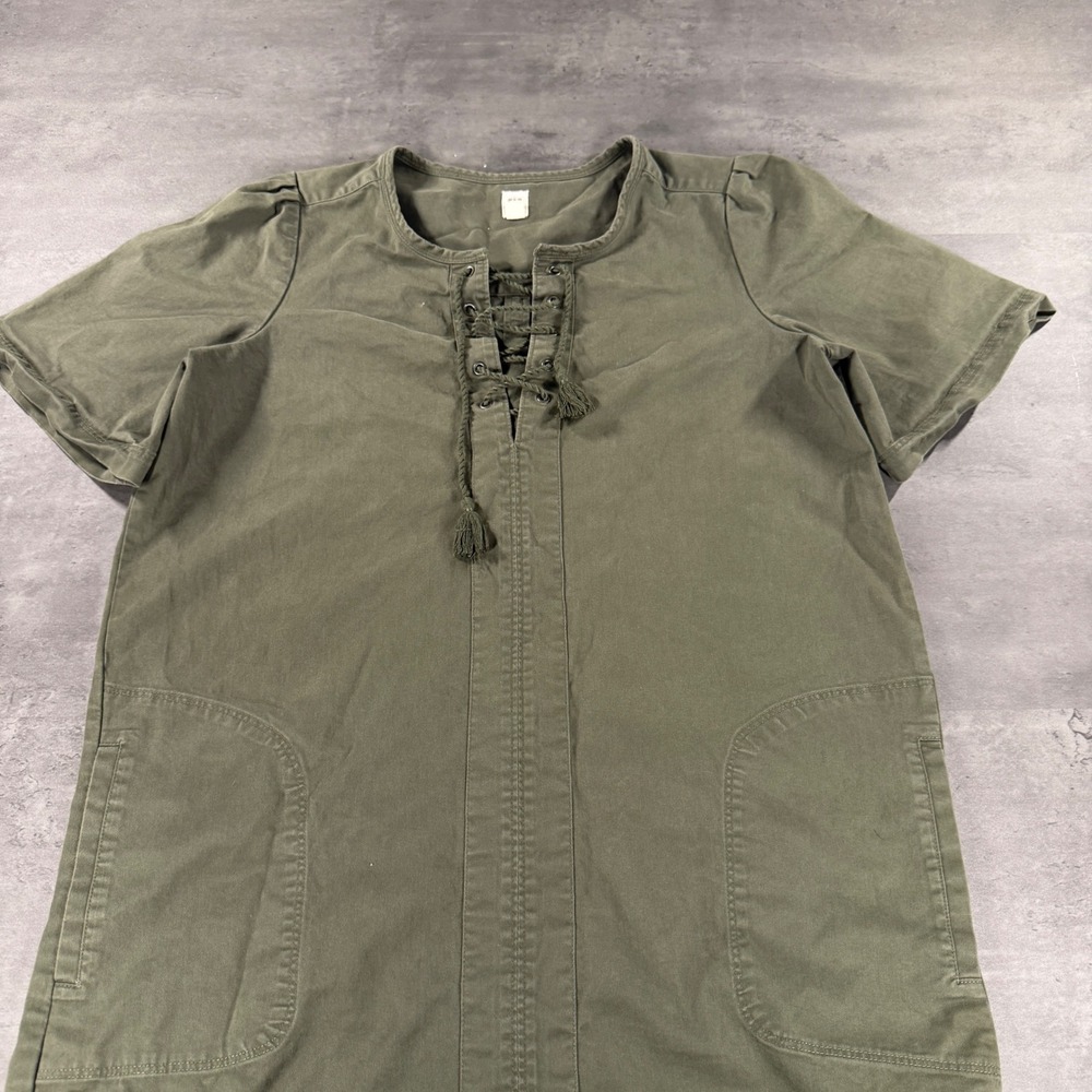 GAP Laceup Shift Dress Women Olive Green Short Sleeve Cotton Smock Teacher Work